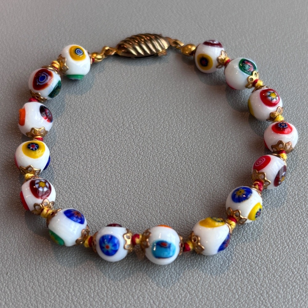 Vintage Millefiori Glass Bead Bracelet Gold Tone 7.5"